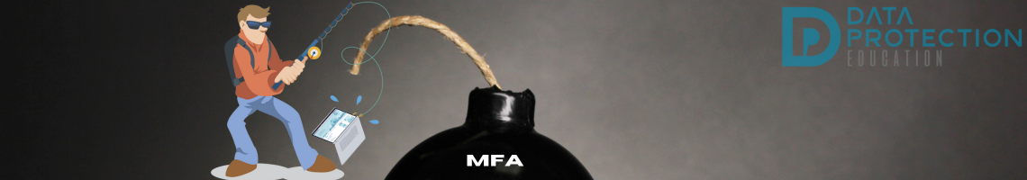 A hand holding a bomb with the word 'MFA' in white.  Harry the hacker phishing a laptop to the bomb