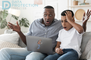 Image of a father and son sat on a sofa in front of a laptop looking surprised with their hands in the air.  Laptop has a logo of Harry the Hacker on the back.  Data Protection logo is a watermark on the top left
