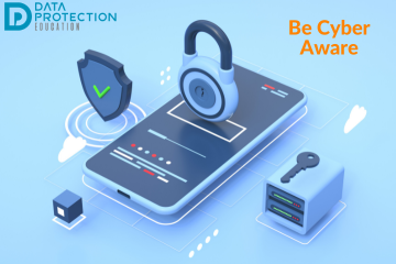 Be Cyber Aware in orange text on a blue computer with Data Protection Education Logo
